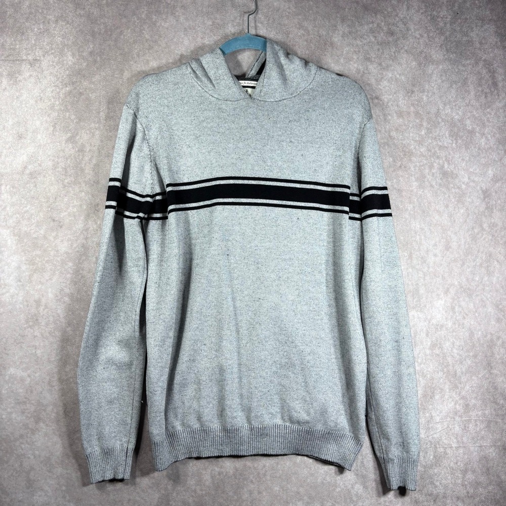 Scott James Sweater Mens Large Gray Knit Striped Hoodie Pullover Long Sleeves